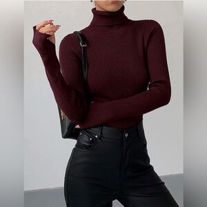 Commense Slim Ribbed Turtleneck Sweater - Burgundy